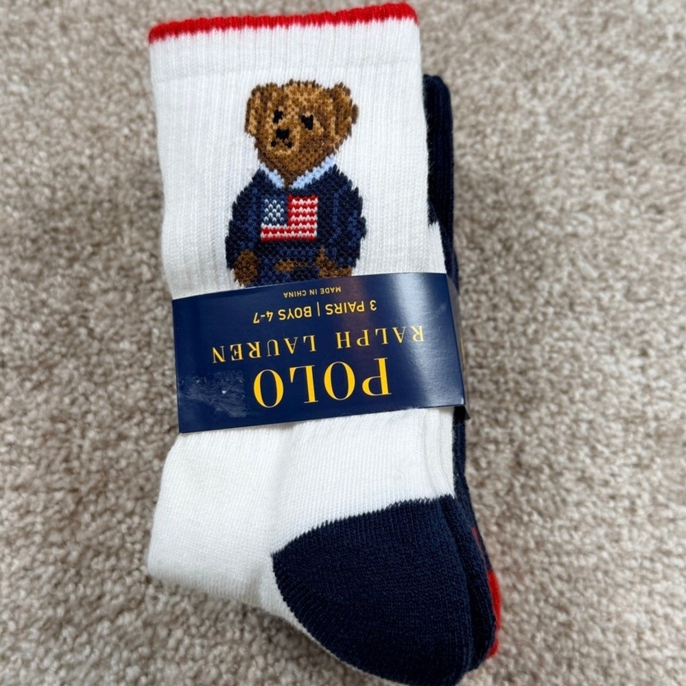 Polo Ralph Lauren Boys 3 Pack Polo Bear Flag Striped Crew Socks Size 4-7 NEW
